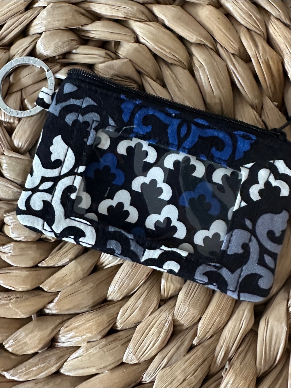 Vera Bradley Canterberry Cobalt Zip ID Case Wallet Keychain Key Ring Blue Black